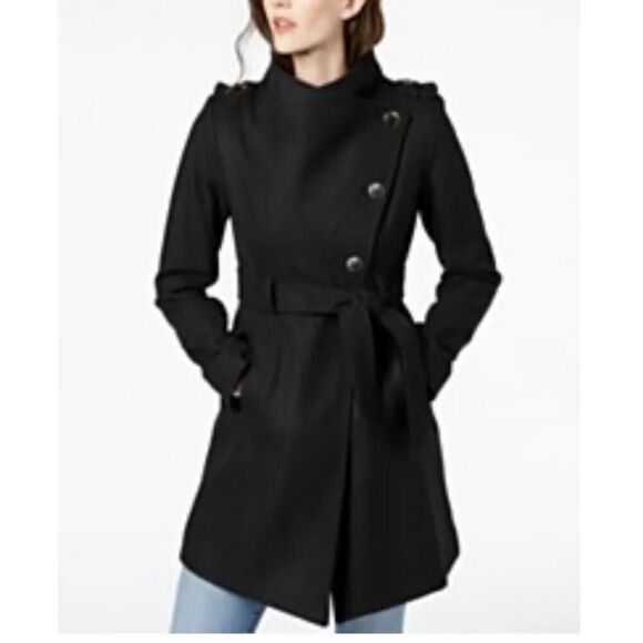 Guess Belted Black Wool Coat Asymmetrical Knee Length Womens Med Gold Buttons - Picture 1 of 16